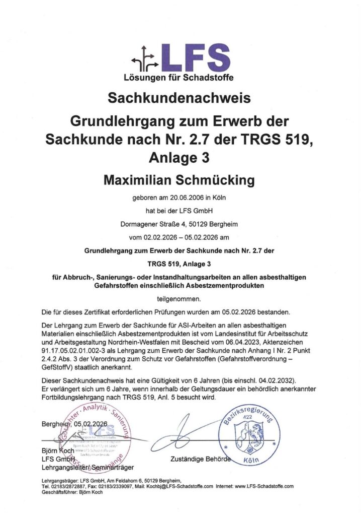 M. Schmücking Zertifikat TRGS519