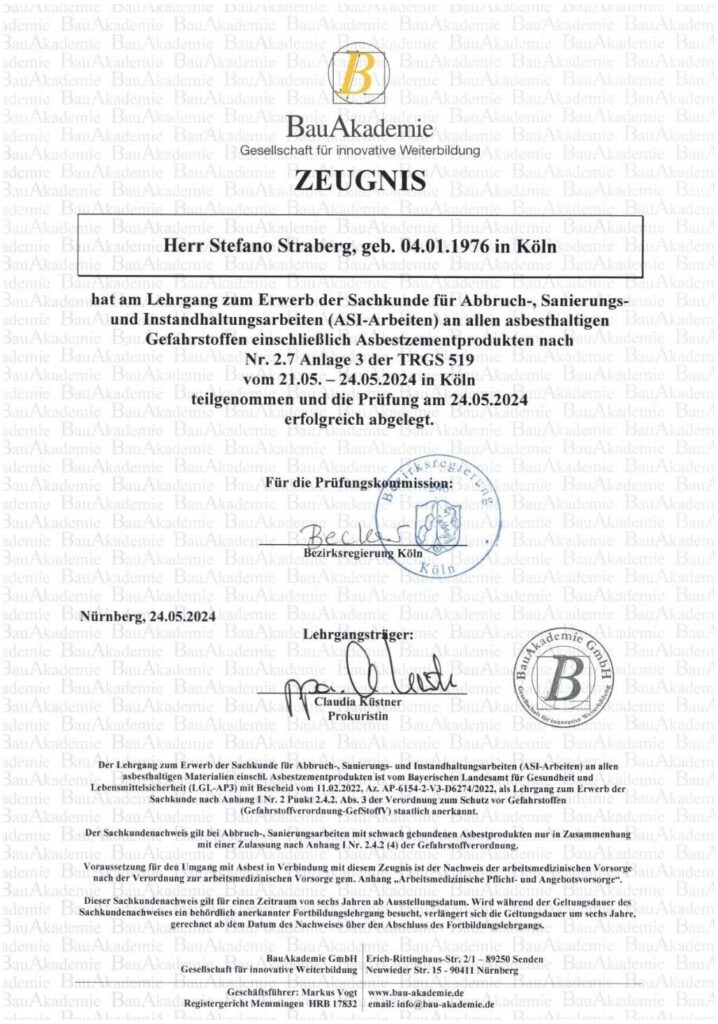 S. Straberg Zertifikat TRGS519