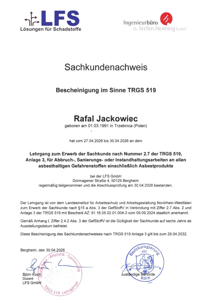 R. Jackowiec Zertifikat TRGS519